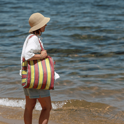 Beach Carry Bag - Lemon and Rust Stripe