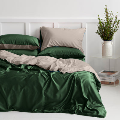 Organic Bamboo Reversible Quilt Cover Set - Forest Green and Ecru